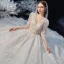 Victorian Style Champagne Bridal Wedding Dresses 2020 Ball Gown V-Neck Puffy 3/4 Sleeve Backless Appliques Lace Beading Glitter Tulle Cathedral Train Ruffle