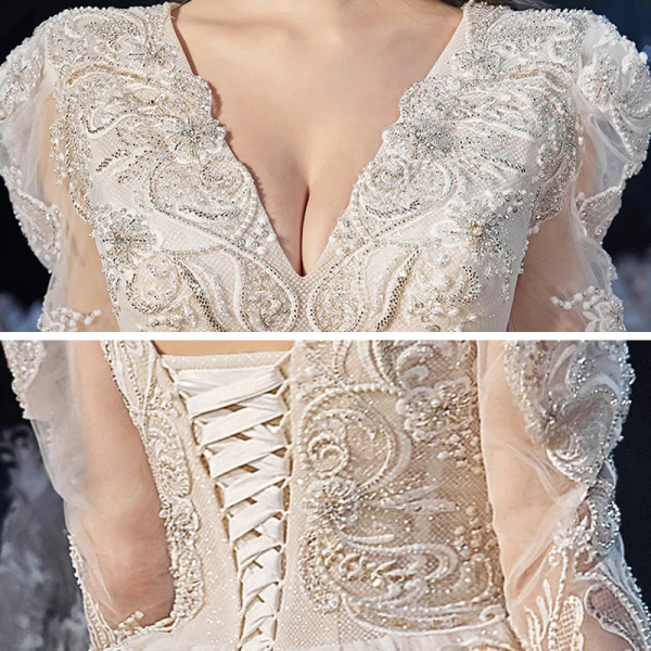 Victorian Style Champagne Bridal Wedding Dresses 2020 Ball Gown V-Neck Puffy 3/4 Sleeve Backless Appliques Lace Beading Glitter Tulle Cathedral Train Ruffle