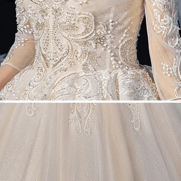 Victorian Style Champagne Bridal Wedding Dresses 2020 Ball Gown V-Neck Puffy 3/4 Sleeve Backless Appliques Lace Beading Glitter Tulle Cathedral Train Ruffle