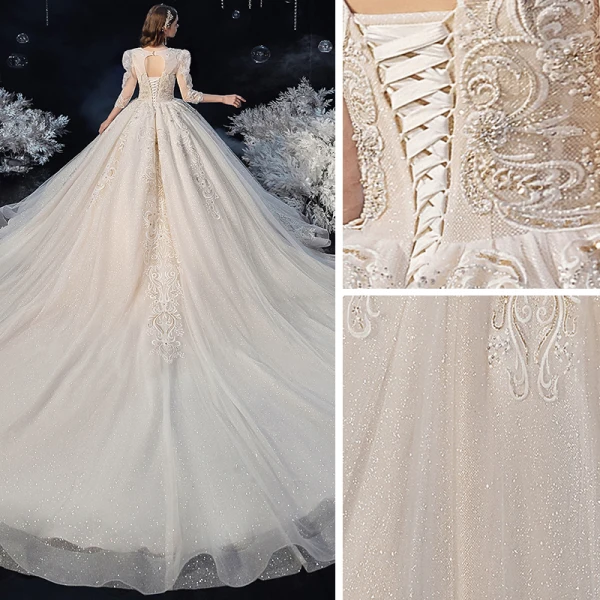 Victorian Style Champagne Bridal Wedding Dresses 2020 Ball Gown V-Neck Puffy 3/4 Sleeve Backless Appliques Lace Beading Glitter Tulle Cathedral Train Ruffle
