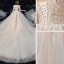 Victorian Style Champagne Bridal Wedding Dresses 2020 Ball Gown V-Neck Puffy 3/4 Sleeve Backless Appliques Lace Beading Glitter Tulle Cathedral Train Ruffle