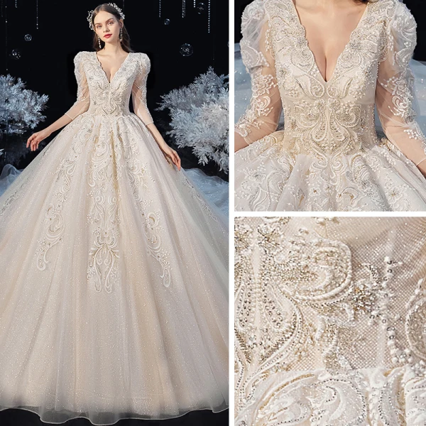 Victorian Style Champagne Bridal Wedding Dresses 2020 Ball Gown V-Neck Puffy 3/4 Sleeve Backless Appliques Lace Beading Glitter Tulle Cathedral Train Ruffle
