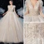 Victorian Style Champagne Bridal Wedding Dresses 2020 Ball Gown V-Neck Puffy 3/4 Sleeve Backless Appliques Lace Beading Glitter Tulle Cathedral Train Ruffle