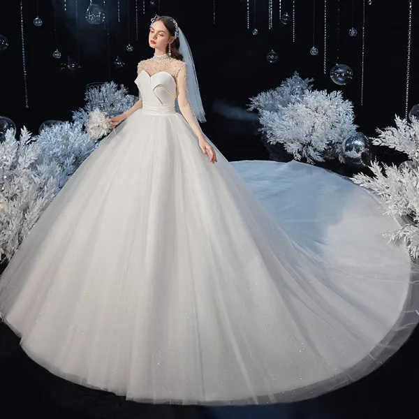 Vintage / Retro Ivory See-through Bridal Wedding Dresses 2020 Ball Gown High Neck Long Sleeve Backless Beading Pearl Glitter Tulle Cathedral Train Ruffle