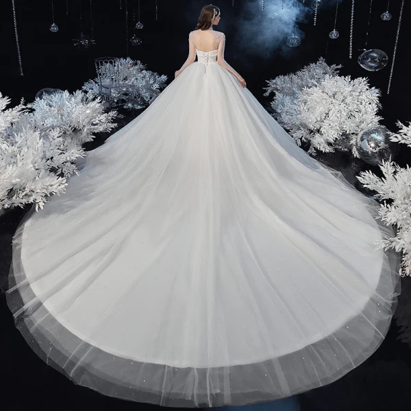 Vintage / Retro Ivory See-through Bridal Wedding Dresses 2020 Ball Gown High Neck Long Sleeve Backless Beading Pearl Glitter Tulle Cathedral Train Ruffle