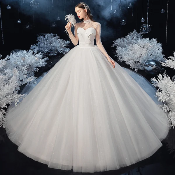 Vintage / Retro Ivory See-through Bridal Wedding Dresses 2020 Ball Gown High Neck Long Sleeve Backless Beading Pearl Glitter Tulle Cathedral Train Ruffle