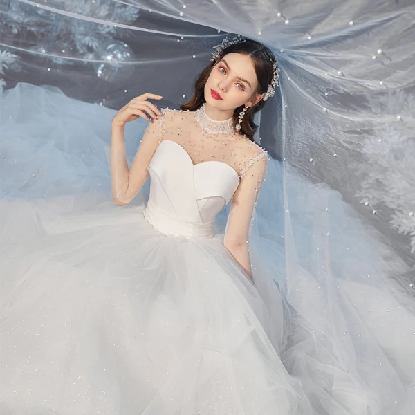 Vintage / Retro Ivory See-through Bridal Wedding Dresses 2020 Ball Gown High Neck Long Sleeve Backless Beading Pearl Glitter Tulle Cathedral Train Ruffle