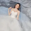 Vintage / Retro Ivory See-through Bridal Wedding Dresses 2020 Ball Gown High Neck Long Sleeve Backless Beading Pearl Glitter Tulle Cathedral Train Ruffle