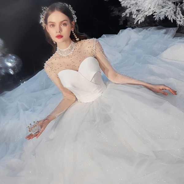 Vintage / Retro Ivory See-through Bridal Wedding Dresses 2020 Ball Gown High Neck Long Sleeve Backless Beading Pearl Glitter Tulle Cathedral Train Ruffle