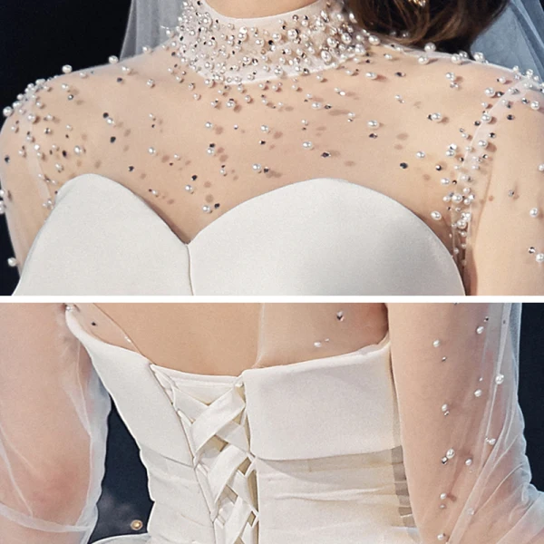 Vintage / Retro Ivory See-through Bridal Wedding Dresses 2020 Ball Gown High Neck Long Sleeve Backless Beading Pearl Glitter Tulle Cathedral Train Ruffle