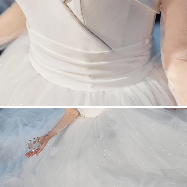 Vintage / Retro Ivory See-through Bridal Wedding Dresses 2020 Ball Gown High Neck Long Sleeve Backless Beading Pearl Glitter Tulle Cathedral Train Ruffle