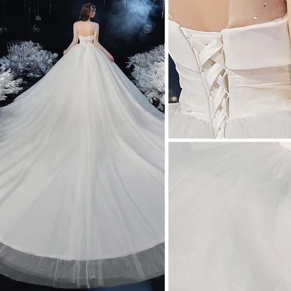 Vintage / Retro Ivory See-through Bridal Wedding Dresses 2020 Ball Gown High Neck Long Sleeve Backless Beading Pearl Glitter Tulle Cathedral Train Ruffle