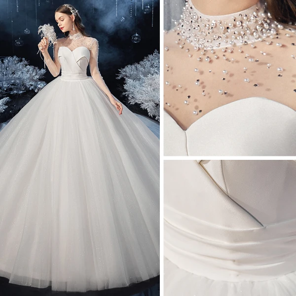 Vintage / Retro Ivory See-through Bridal Wedding Dresses 2020 Ball Gown High Neck Long Sleeve Backless Beading Pearl Glitter Tulle Cathedral Train Ruffle