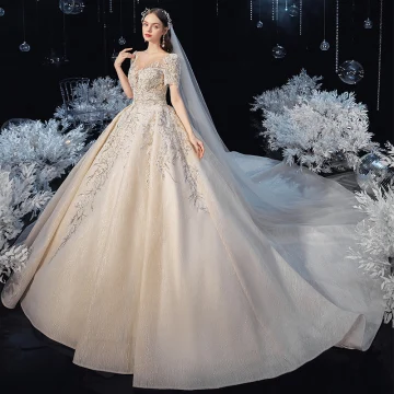 Vintage Originale Champagne Transparentes La Mariée Robe De Mariée 2020 Robe Boule Encolure Dégagée Manches Courtes Dos Nu Fait Main Perlage Glitter Tulle Cathedral Train Volants