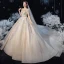 Vintage / Retro Champagne See-through Bridal Wedding Dresses 2020 Ball Gown Scoop Neck Short Sleeve Backless Handmade  Beading Glitter Tulle Cathedral Train Ruffle