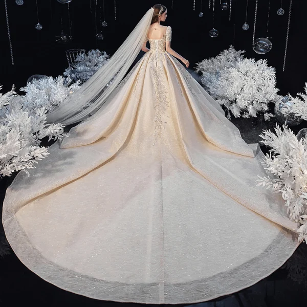 Vintage / Retro Champagne See-through Bridal Wedding Dresses 2020 Ball Gown Scoop Neck Short Sleeve Backless Handmade Beading Glitter Tulle Cathedral Train Ruffle
