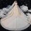 Vintage / Retro Champagne See-through Bridal Wedding Dresses 2020 Ball Gown Scoop Neck Short Sleeve Backless Handmade  Beading Glitter Tulle Cathedral Train Ruffle