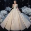 Vintage / Retro Champagne See-through Bridal Wedding Dresses 2020 Ball Gown Scoop Neck Short Sleeve Backless Handmade  Beading Glitter Tulle Cathedral Train Ruffle