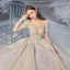 Vintage / Retro Champagne See-through Bridal Wedding Dresses 2020 Ball Gown Scoop Neck Short Sleeve Backless Handmade  Beading Glitter Tulle Cathedral Train Ruffle