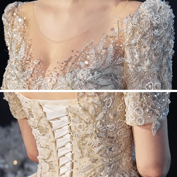 Vintage / Retro Champagne See-through Bridal Wedding Dresses 2020 Ball Gown Scoop Neck Short Sleeve Backless Handmade Beading Glitter Tulle Cathedral Train Ruffle