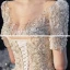 Vintage / Retro Champagne See-through Bridal Wedding Dresses 2020 Ball Gown Scoop Neck Short Sleeve Backless Handmade  Beading Glitter Tulle Cathedral Train Ruffle