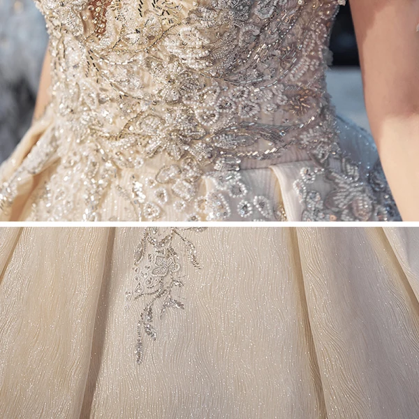 Vintage / Retro Champagne See-through Bridal Wedding Dresses 2020 Ball Gown Scoop Neck Short Sleeve Backless Handmade Beading Glitter Tulle Cathedral Train Ruffle
