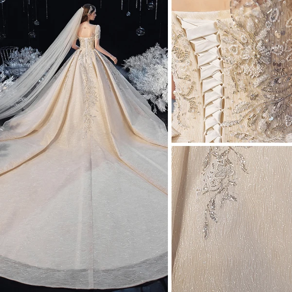 Vintage / Retro Champagne See-through Bridal Wedding Dresses 2020 Ball Gown Scoop Neck Short Sleeve Backless Handmade Beading Glitter Tulle Cathedral Train Ruffle