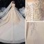 Vintage / Retro Champagne See-through Bridal Wedding Dresses 2020 Ball Gown Scoop Neck Short Sleeve Backless Handmade  Beading Glitter Tulle Cathedral Train Ruffle