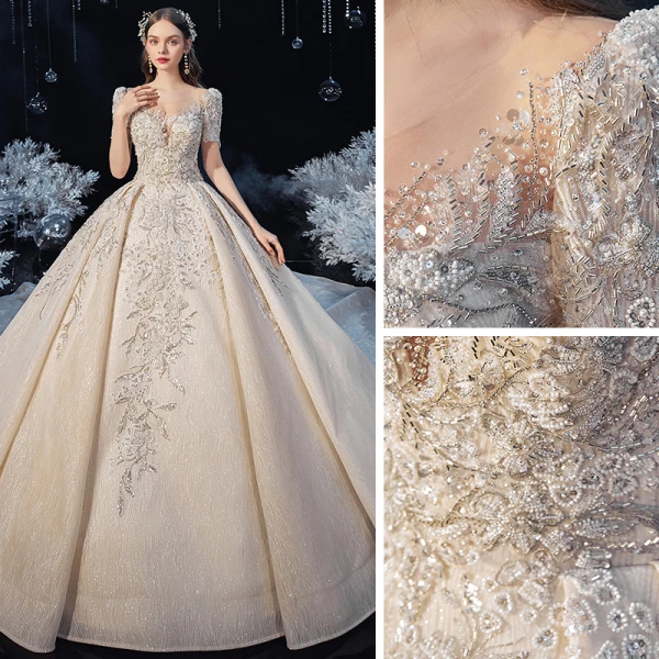 Vintage / Retro Champagne See-through Bridal Wedding Dresses 2020 Ball Gown Scoop Neck Short Sleeve Backless Handmade Beading Glitter Tulle Cathedral Train Ruffle
