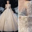 Vintage / Retro Champagne See-through Bridal Wedding Dresses 2020 Ball Gown Scoop Neck Short Sleeve Backless Handmade  Beading Glitter Tulle Cathedral Train Ruffle