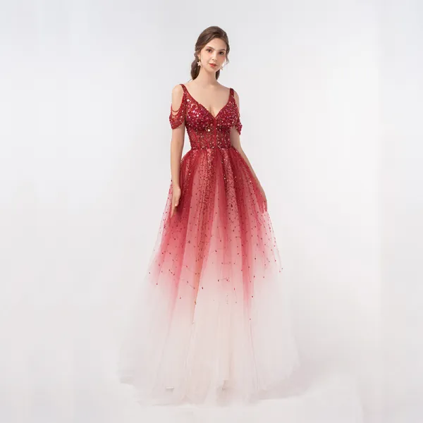 V-neck Lace Beaded Gradient Tulle Luxury Prom Dresses V-neck Lace Beaded Gradient Tulle Luxury Prom Dresses