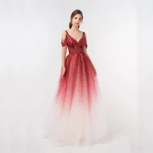 Magnífico Rojo Degradado De Color Bailando Vestidos De Gala 2020 A Line Princess V Cuello Profundo Manga Corta Rebordear Lentejuelas Largos Ruffle Sin Espalda Vestidos Formales
