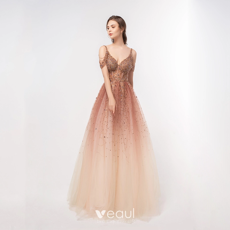 V-neck Lace Beaded Gradient Tulle Luxury Prom Dresses V-neck Lace Beaded Gradient Tulle Luxury Prom Dresses