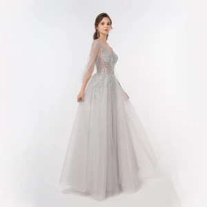 Illusion Luxe Argenté Dansant Robe De Bal 2020 Princesse Col V Profond Perlage Paillettes Longue Volants Dos Nu Robe De Ceremonie
