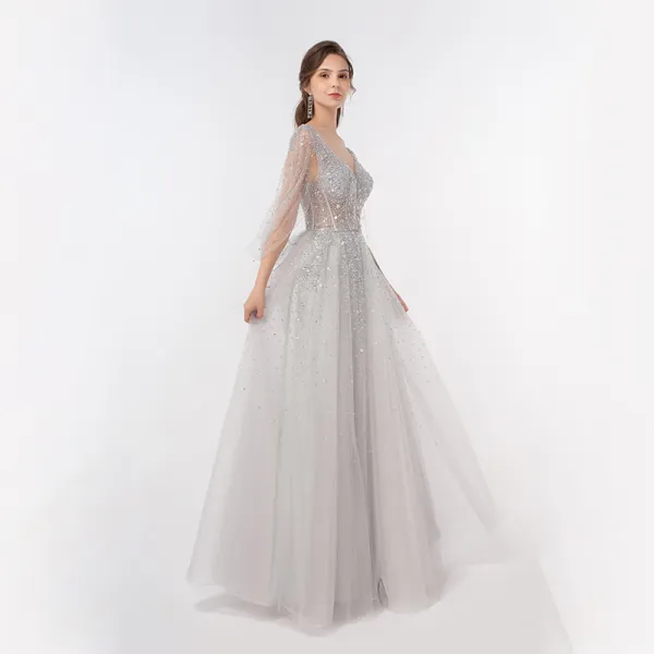 Illusion Luxury / Gorgeous Silver Dancing Prom Dresses 2020 A-Line / Princess Deep V-Neck Beading Sequins Floor-Length / Long Ruffle Backless Formal Dresses