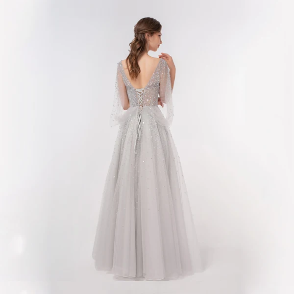 Illusion Luxury / Gorgeous Silver Dancing Prom Dresses 2020 A-Line / Princess Deep V-Neck Beading Sequins Floor-Length / Long Ruffle Backless Formal Dresses