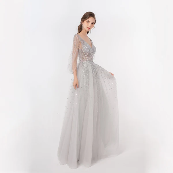 Illusion Luxury / Gorgeous Silver Dancing Prom Dresses 2020 A-Line / Princess Deep V-Neck Beading Sequins Floor-Length / Long Ruffle Backless Formal Dresses