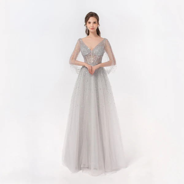 Illusion Luxury / Gorgeous Silver Dancing Prom Dresses 2020 A-Line / Princess Deep V-Neck Beading Sequins Floor-Length / Long Ruffle Backless Formal Dresses