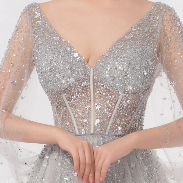 Illusion Luxury / Gorgeous Silver Dancing Prom Dresses 2020 A-Line / Princess Deep V-Neck Beading Sequins Floor-Length / Long Ruffle Backless Formal Dresses