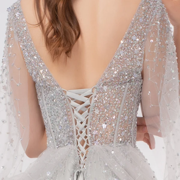 Illusion Luxury / Gorgeous Silver Dancing Prom Dresses 2020 A-Line / Princess Deep V-Neck Beading Sequins Floor-Length / Long Ruffle Backless Formal Dresses