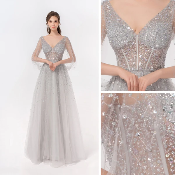 Illusion Luxury / Gorgeous Silver Dancing Prom Dresses 2020 A-Line / Princess Deep V-Neck Beading Sequins Floor-Length / Long Ruffle Backless Formal Dresses