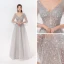 Illusion Luxury / Gorgeous Silver Dancing Prom Dresses 2020 A-Line / Princess Deep V-Neck Beading Sequins Floor-Length / Long Ruffle Backless Formal Dresses