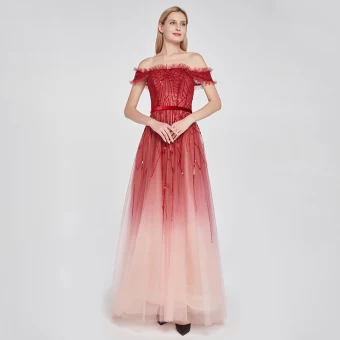 Haut De Gamme Rouge Dégradé De Couleur Robe De Bal 2020 Princesse De L 039 Épaule Manches Courtes Ceinture Perlage Paillettes Train De Balayage Volants Dos Nu Robe De Ceremonie
