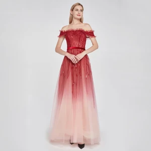 High End Rot Farbverlauf Ballkleider 2020 A Linie Off Shoulder Kurze Ärmel Stoffgürtel Perlenstickerei Pailletten Sweep Pinsel Zug Rüschen Rückenfreies Festliche Kleider