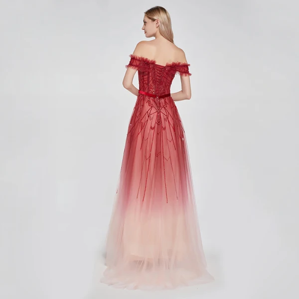 High End Rot Farbverlauf Ballkleider 2020 A Linie Off Shoulder Kurze Ärmel Stoffgürtel Perlenstickerei Pailletten Sweep / Pinsel Zug Rüschen Rückenfreies Festliche Kleider