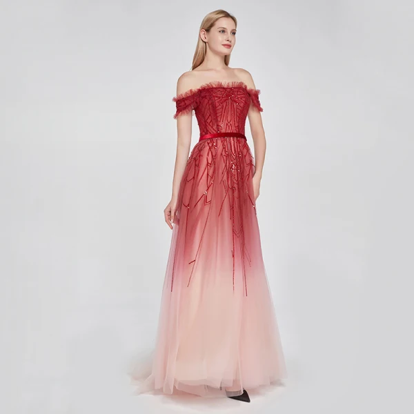 High End Rot Farbverlauf Ballkleider 2020 A Linie Off Shoulder Kurze Ärmel Stoffgürtel Perlenstickerei Pailletten Sweep / Pinsel Zug Rüschen Rückenfreies Festliche Kleider