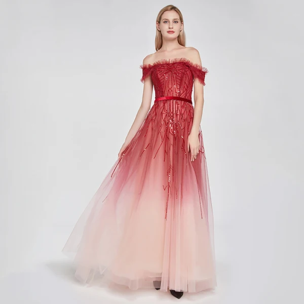 High End Rot Farbverlauf Ballkleider 2020 A Linie Off Shoulder Kurze Ärmel Stoffgürtel Perlenstickerei Pailletten Sweep / Pinsel Zug Rüschen Rückenfreies Festliche Kleider