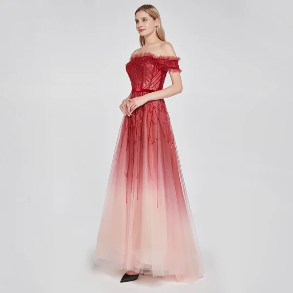 High End Rot Farbverlauf Ballkleider 2020 A Linie Off Shoulder Kurze Ärmel Stoffgürtel Perlenstickerei Pailletten Sweep / Pinsel Zug Rüschen Rückenfreies Festliche Kleider