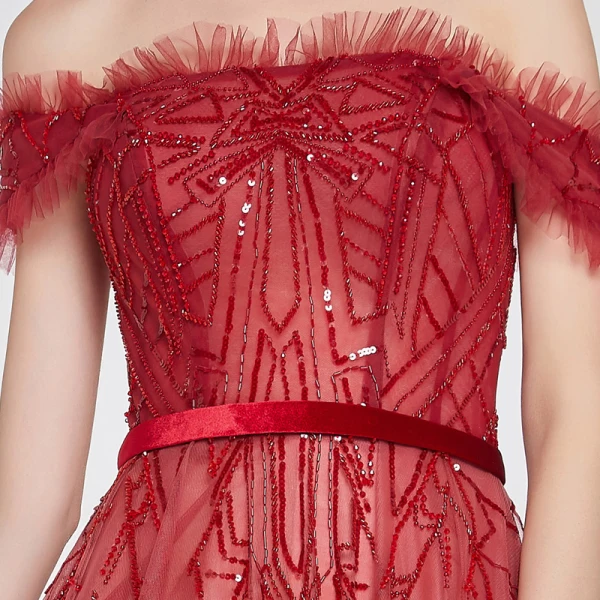 High End Rot Farbverlauf Ballkleider 2020 A Linie Off Shoulder Kurze Ärmel Stoffgürtel Perlenstickerei Pailletten Sweep / Pinsel Zug Rüschen Rückenfreies Festliche Kleider