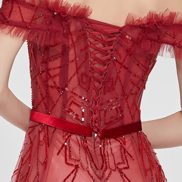 High End Rot Farbverlauf Ballkleider 2020 A Linie Off Shoulder Kurze Ärmel Stoffgürtel Perlenstickerei Pailletten Sweep / Pinsel Zug Rüschen Rückenfreies Festliche Kleider
